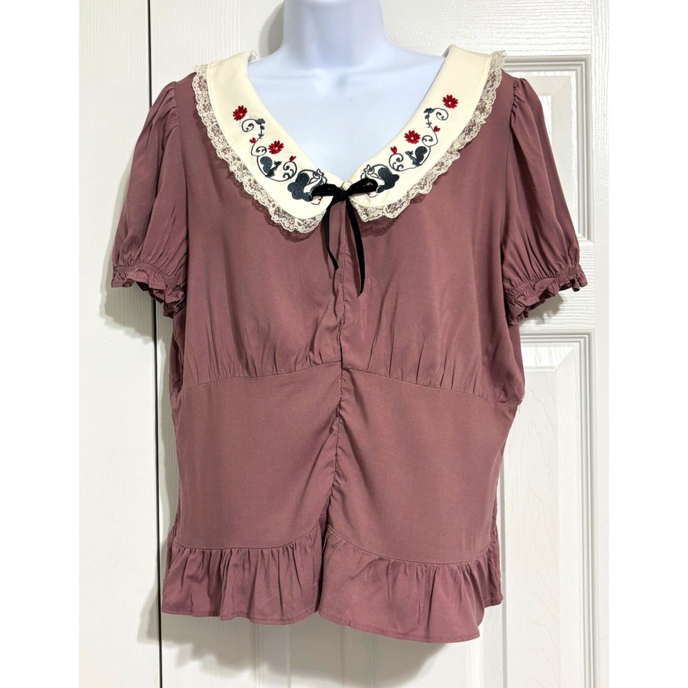 Disney Her Universe Snow White Women's XL Purple Peasant Top Embroidered Collar